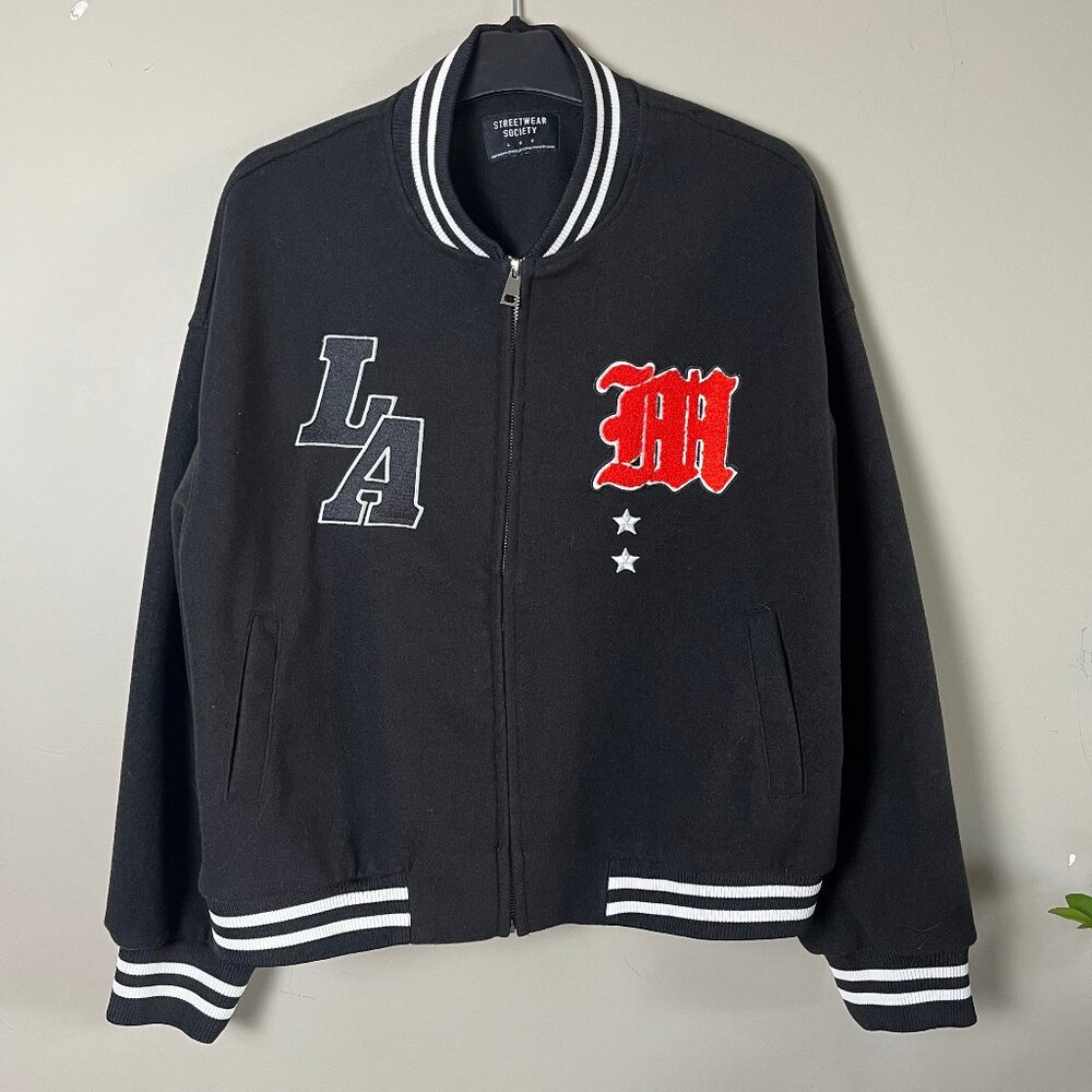 Streetwear Society Varsity Bomber Jacket – Black, Embroidered LA / M, Size L